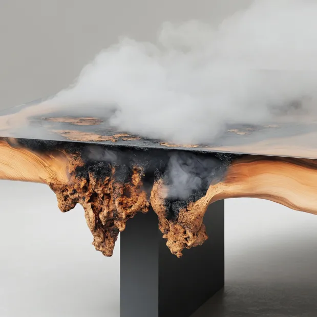An epoxy resin table with colourful inlays, the kind of decorative furniture that can release harmful compounds
