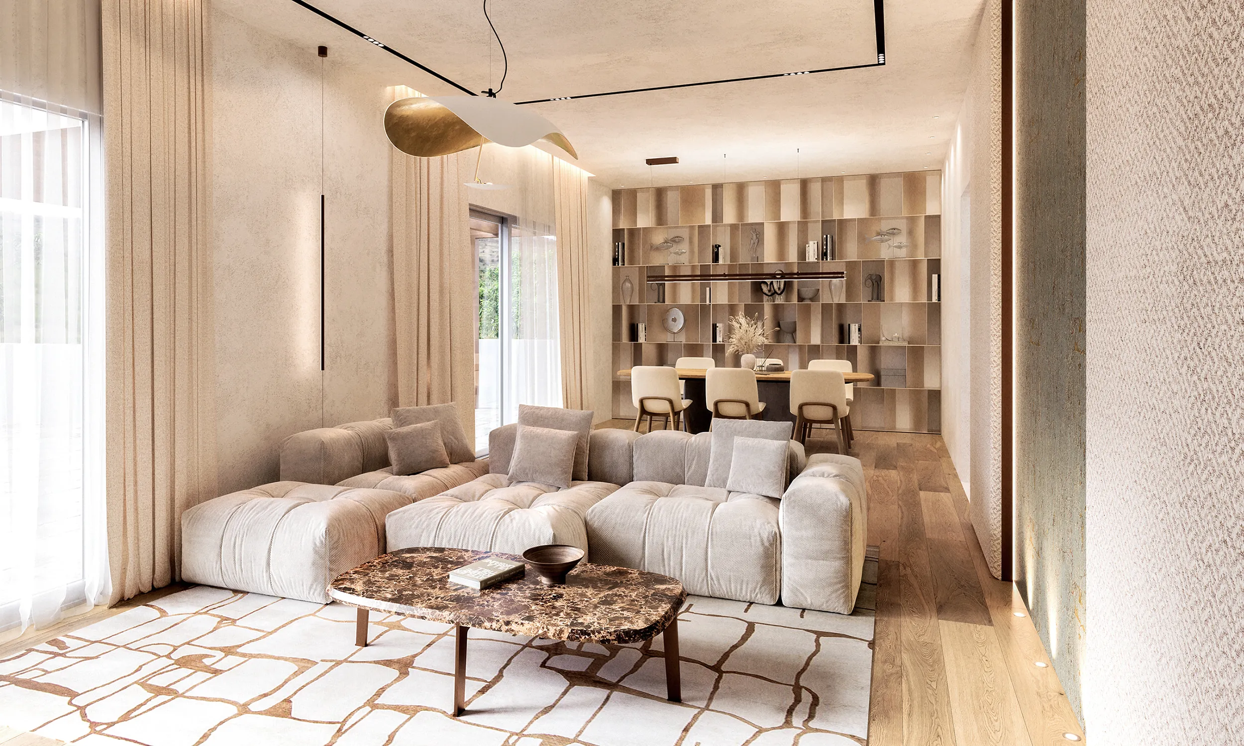 Renovated penthouse interior in a neoclassical Barcelona building with warm tones and bronze accents