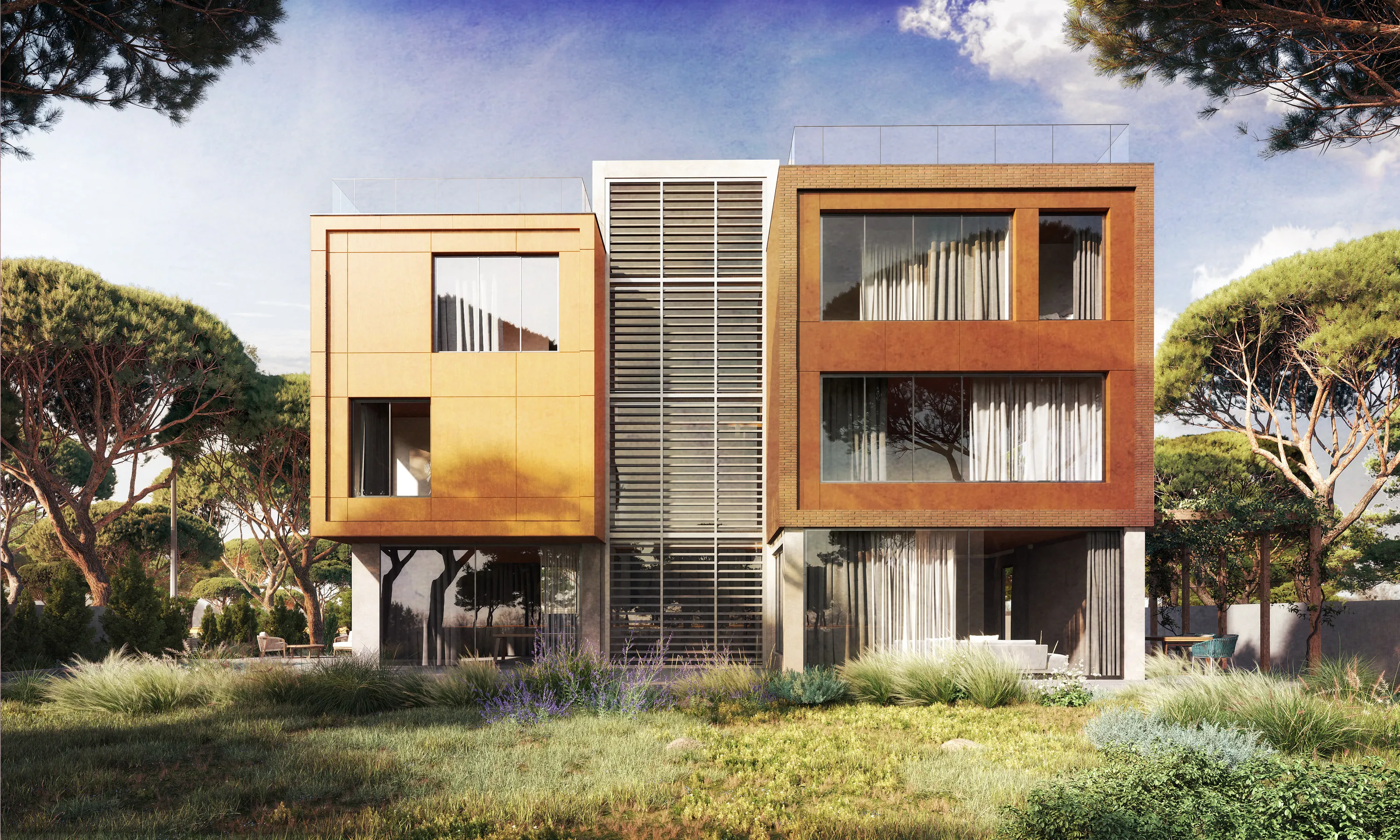 Contemporary villa in Castelldefels showing the composition of volumes and varied materials on the main façade
