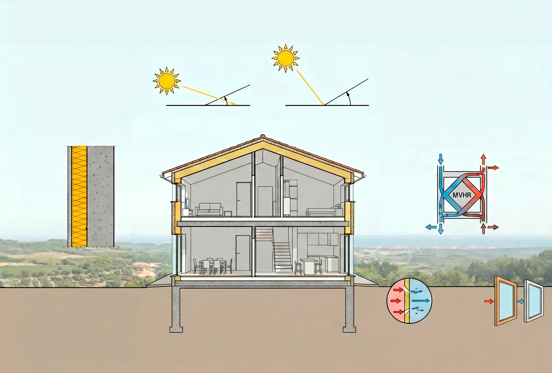 Mediterranean home with large overhangs and exterior shutters controlling summer sun, illustrating the adaptation of the Passivhaus standard to a warm climate