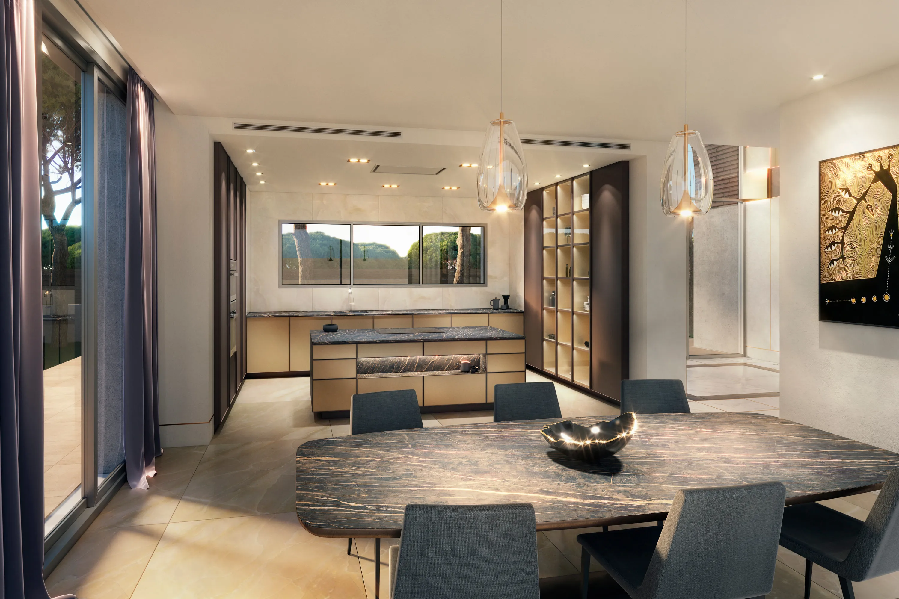 Kitchen and dining area in light tones with refined classical detailing reinterpreted in contemporary style