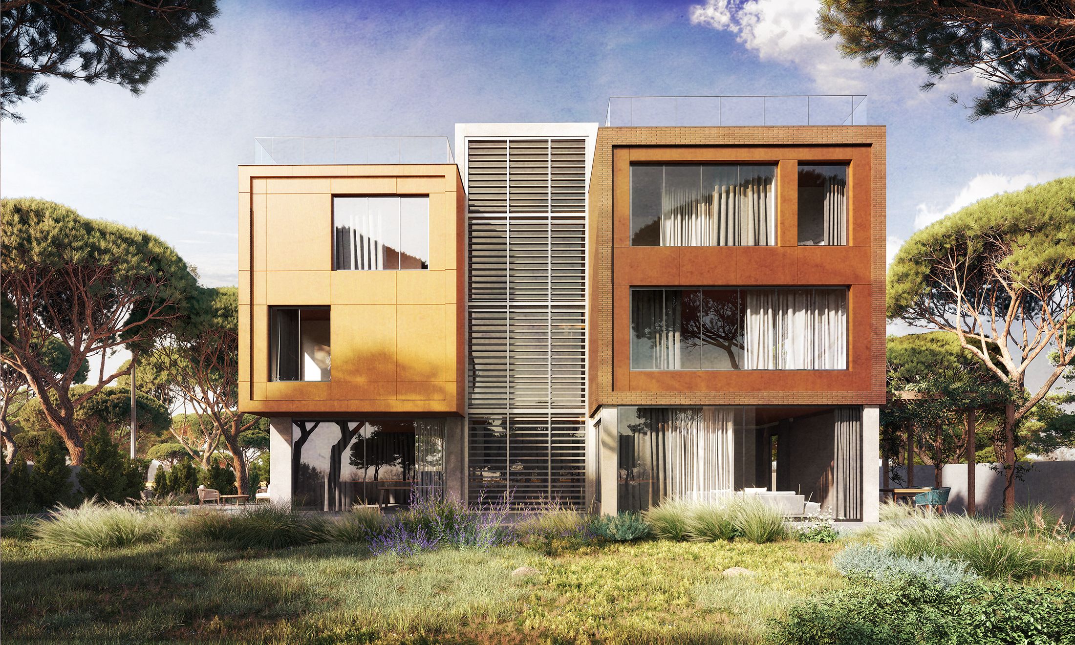 Villa contemporánea en Castelldefels mostrando la composición de volúmenes y los diferentes materiales en la fachada principal