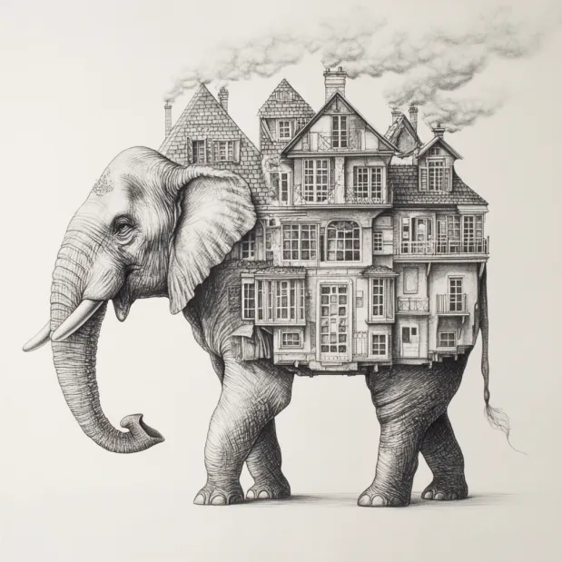 A surreal building in the shape of an animal, illustrating the concept of talking architecture