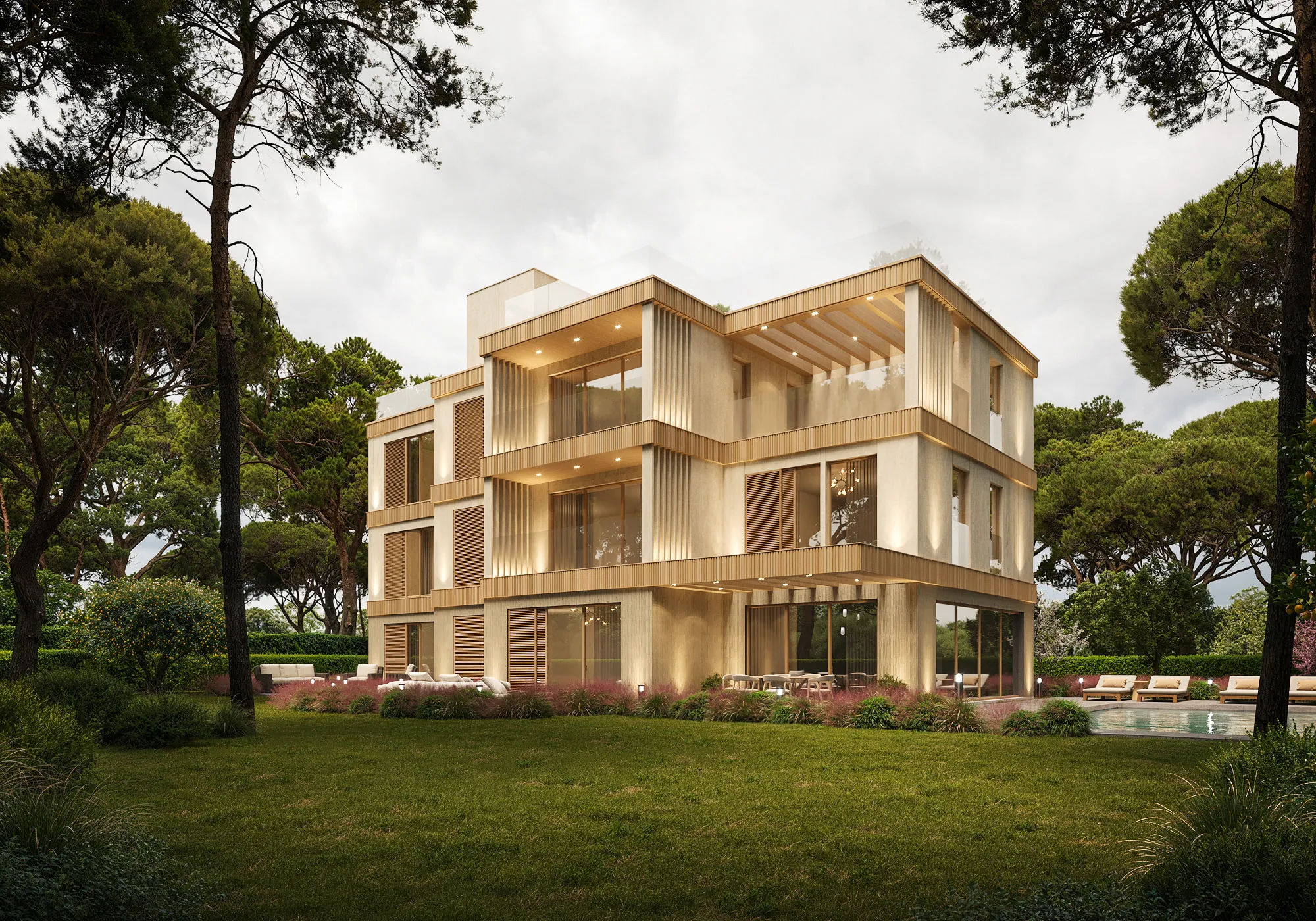 Contemporary villa in Castelldefels with wooden slabs and light sandstone façade among pine trees