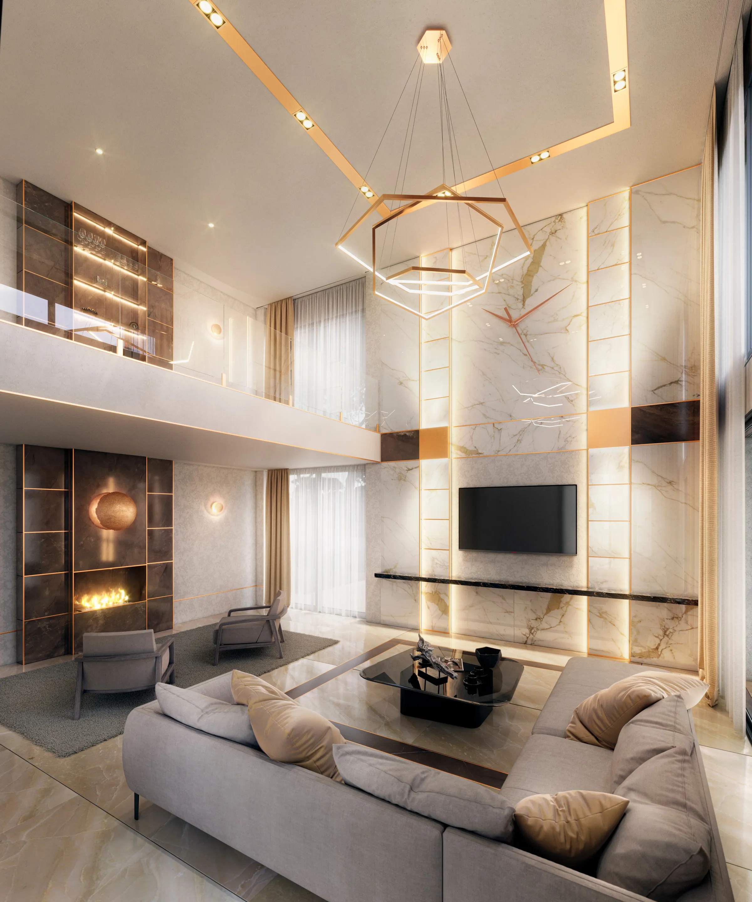Double-height living room with layered textures and classical pilasters reinterpreted in a contemporary key