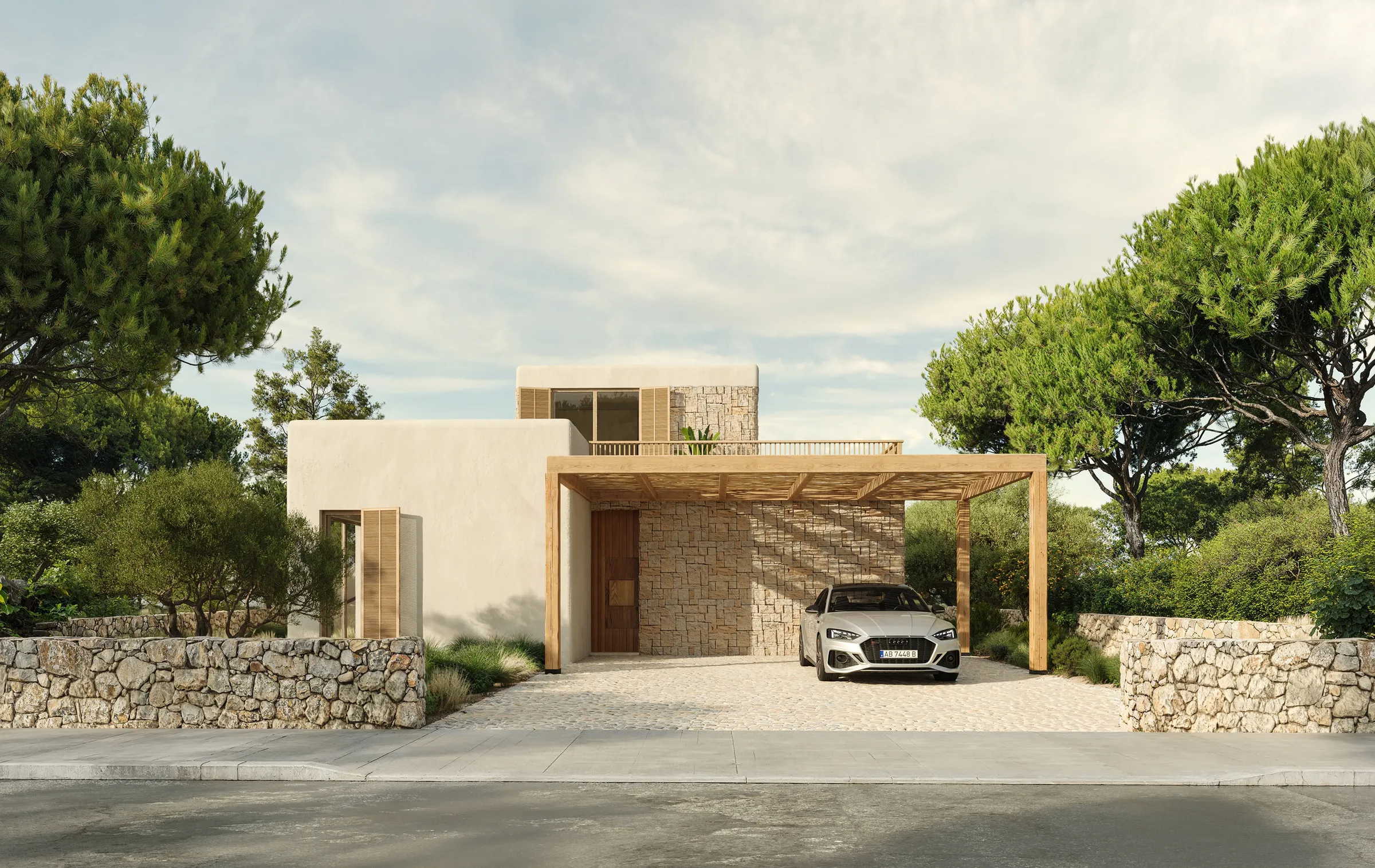 The villa approached from the entrance, set among the centenary pines
