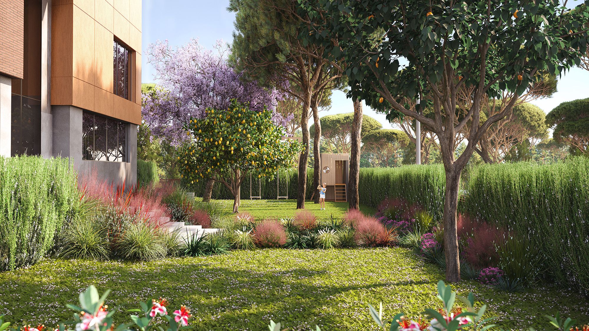 Front elevation of the villa rising vertically among the centenary pines