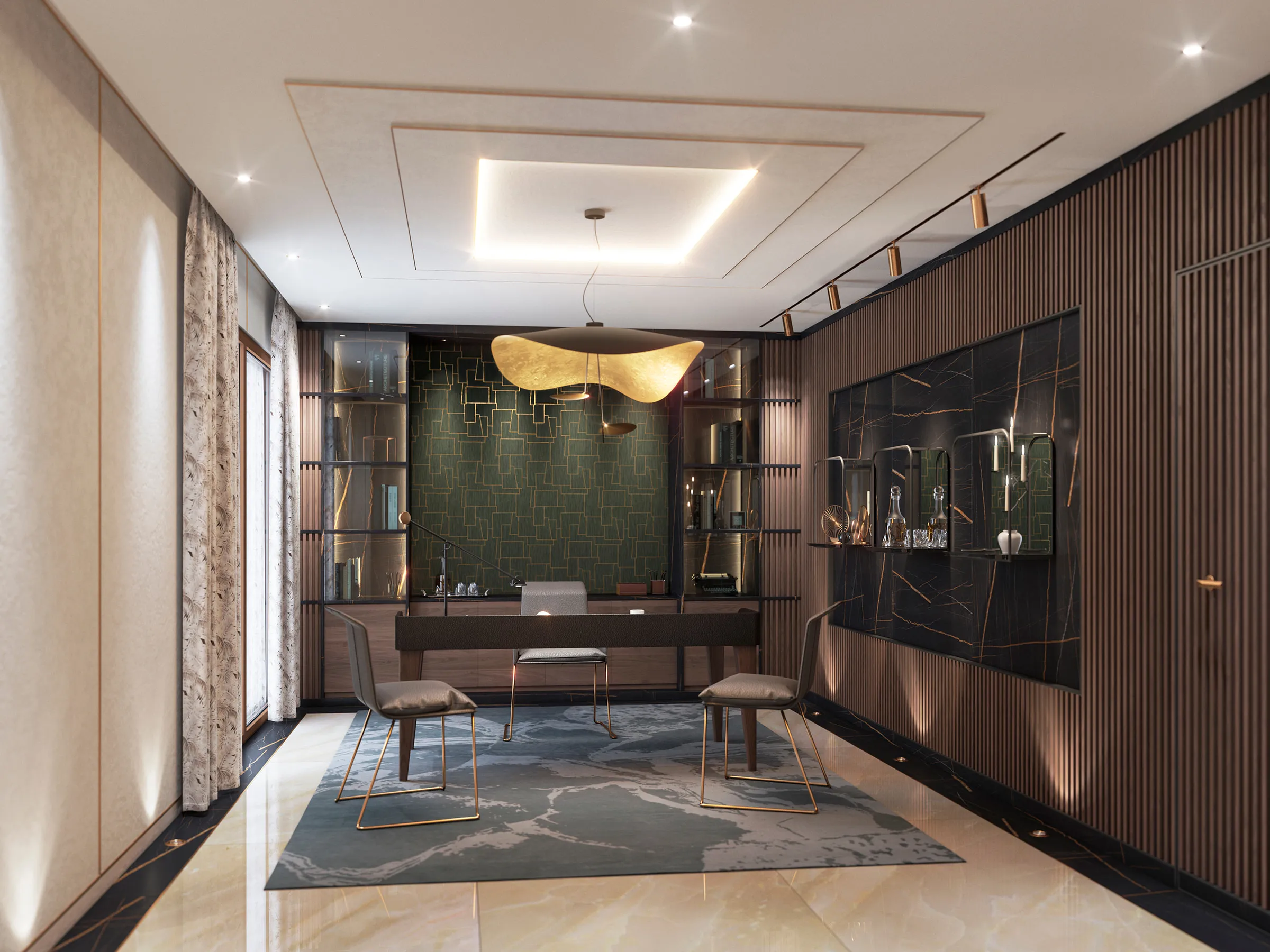 Office with stone, wood and bronze details, lit for focus and reflection