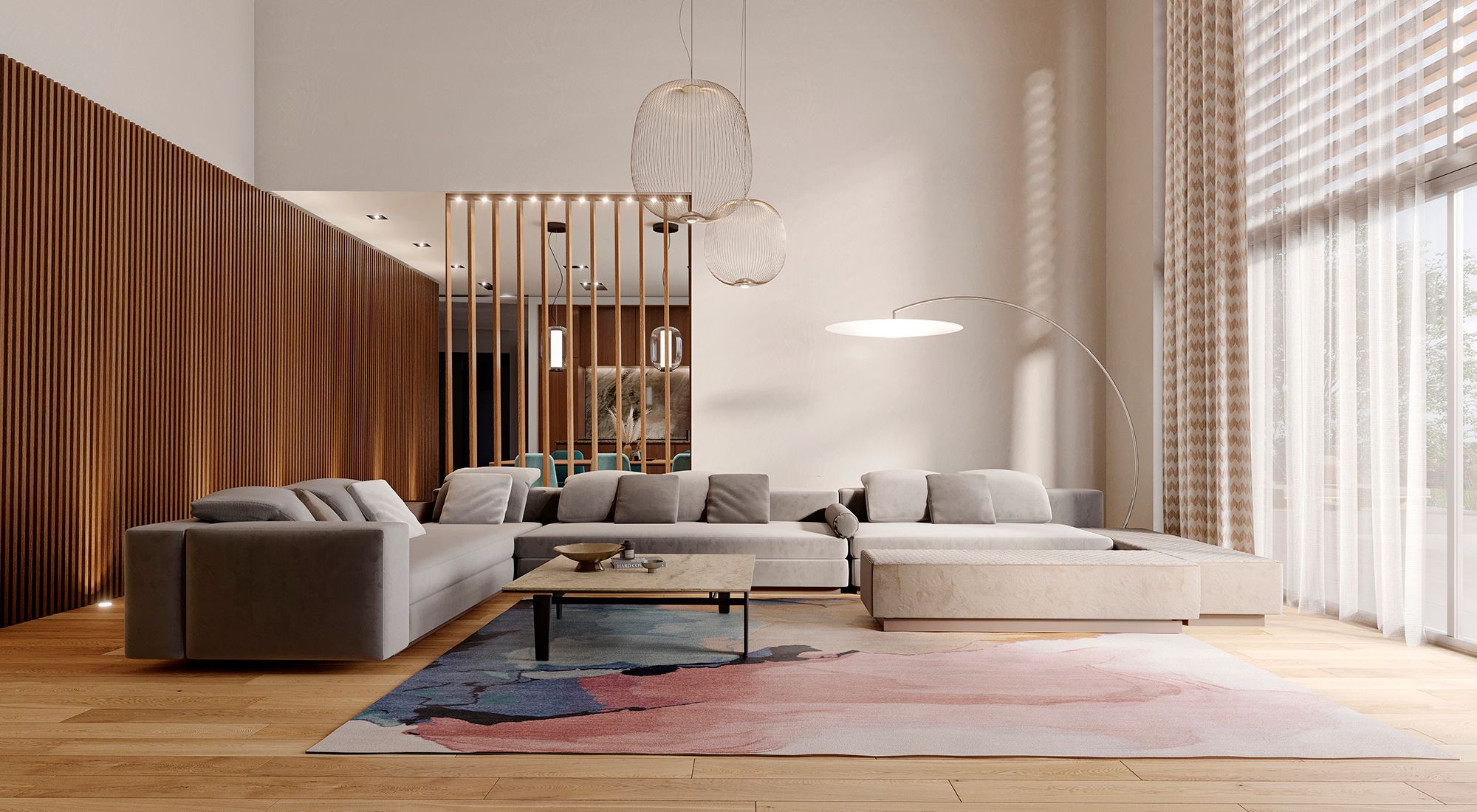 Main living room in soft, light tones with subtle wooden details