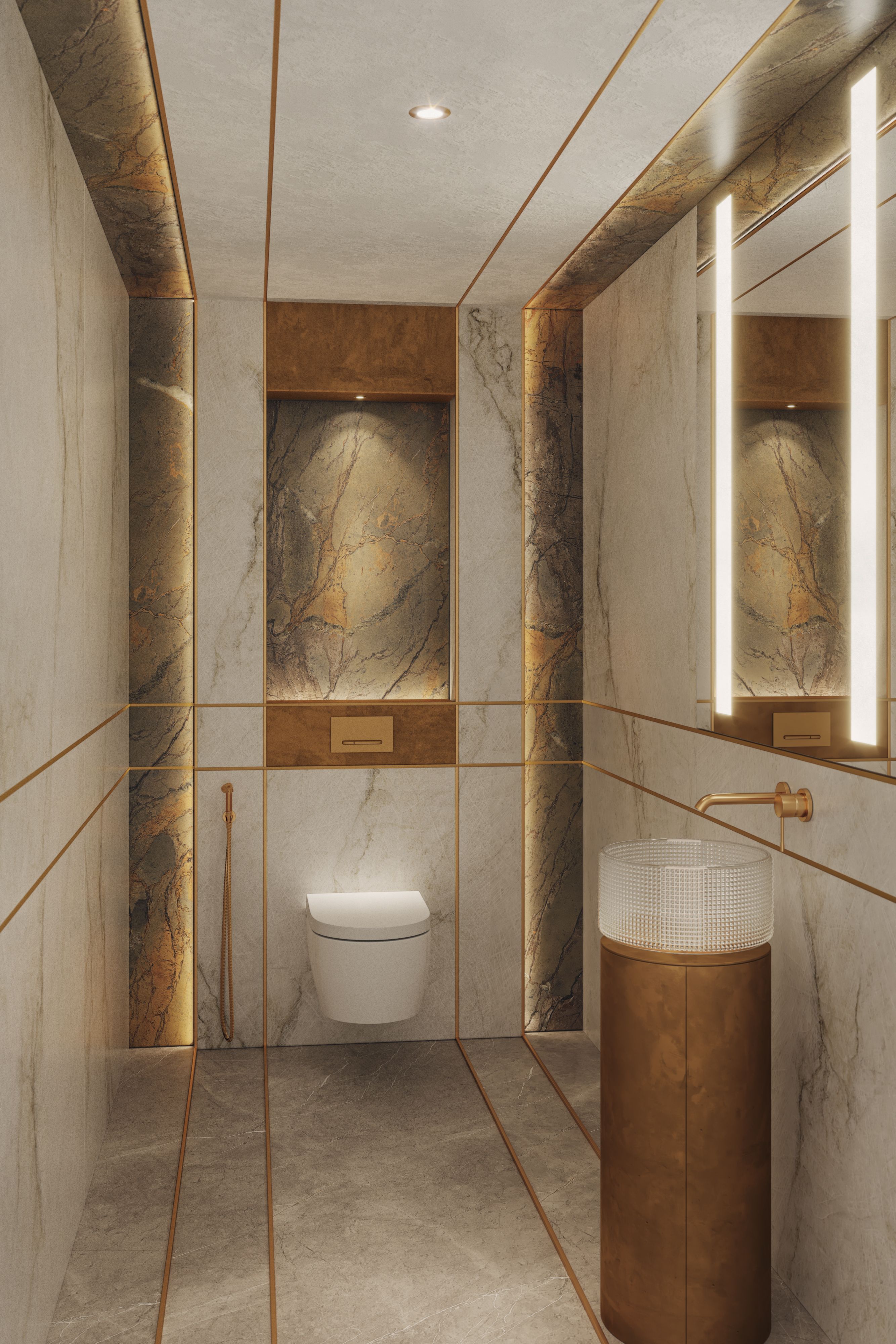 Baño de invitados con detalles dorados y juegos de reflejos