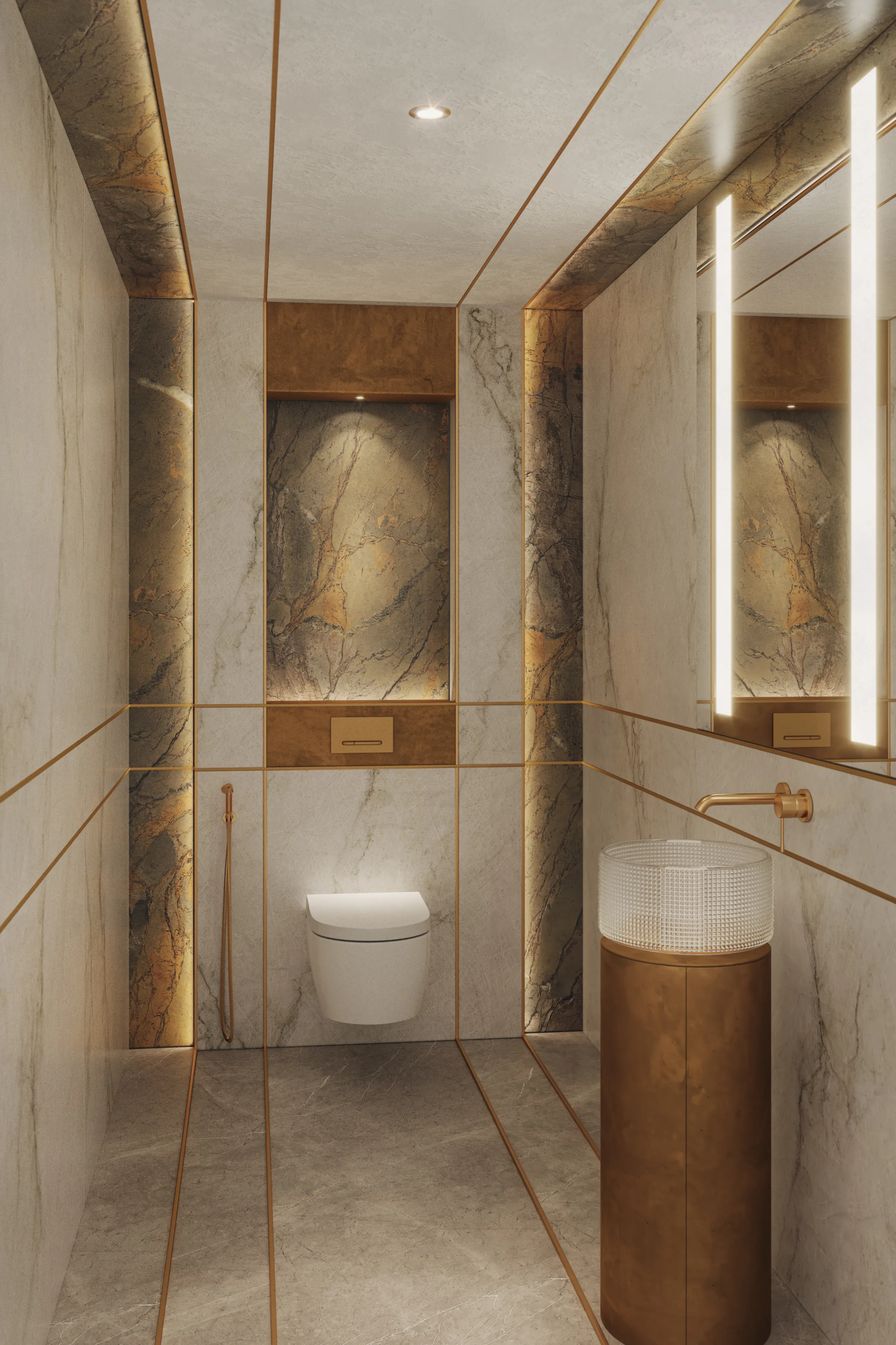 Guest bathroom with golden details and a play of reflections
