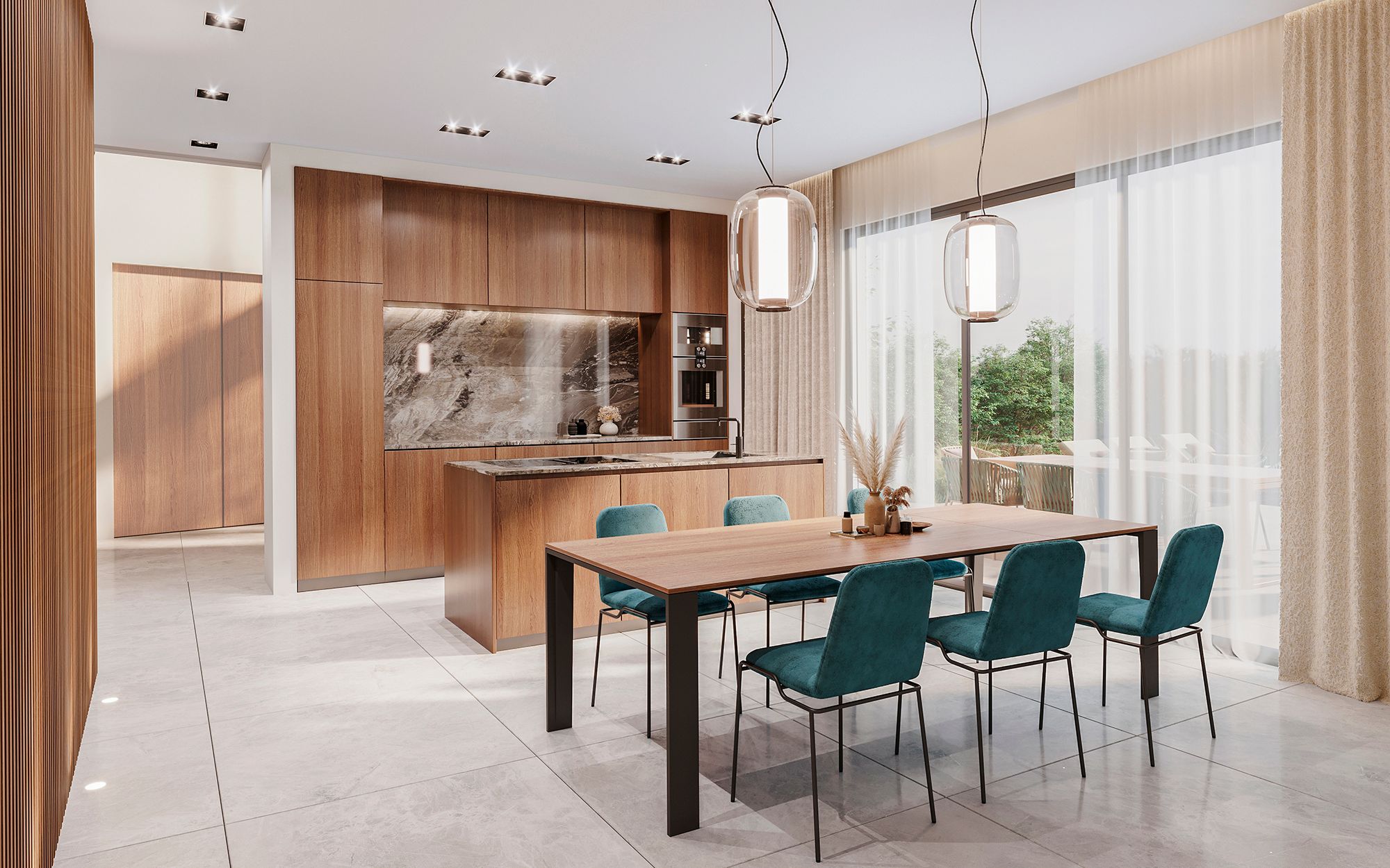 Open kitchen-dining area with wooden cabinetry in warm, light tones