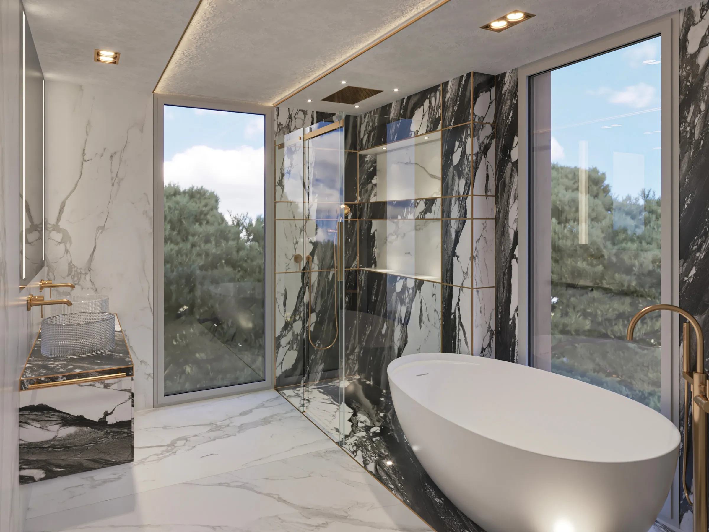 Master suite bathroom with stone surfaces and semitransparent partitions