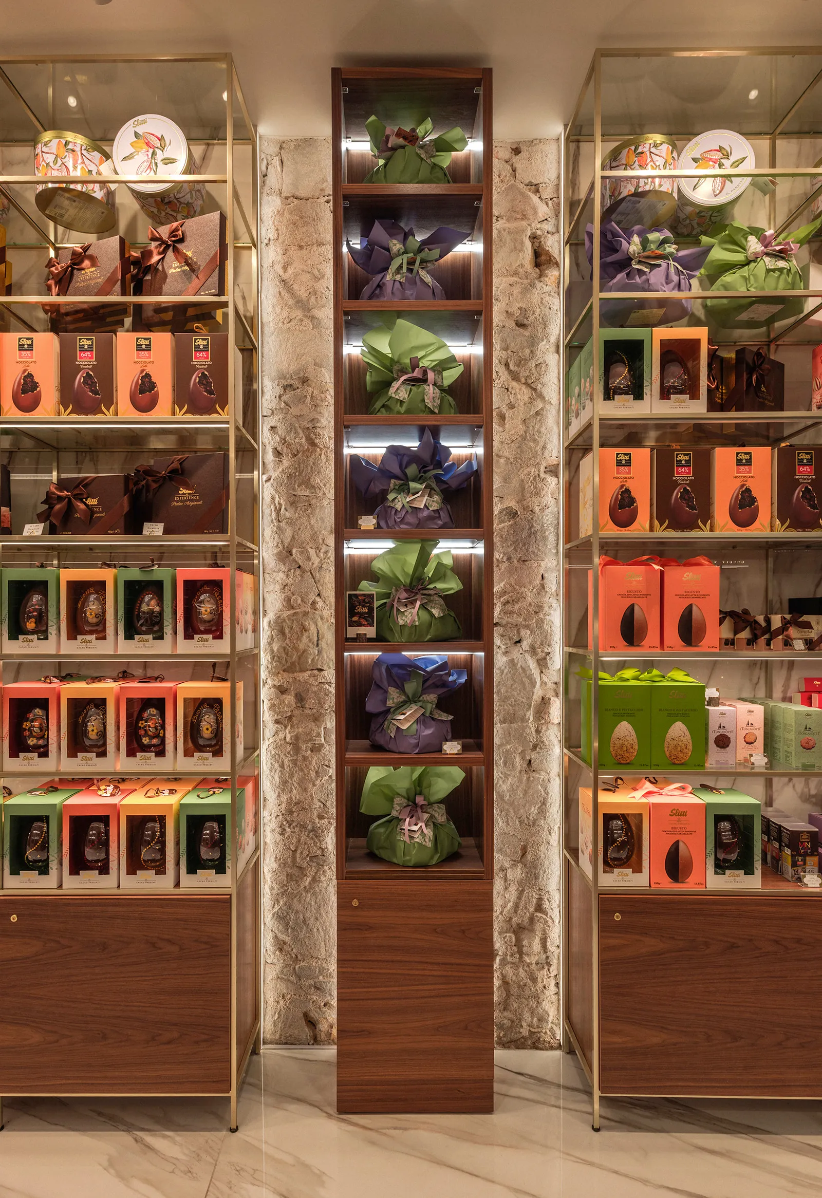 Vertical walnut shelving displaying the product