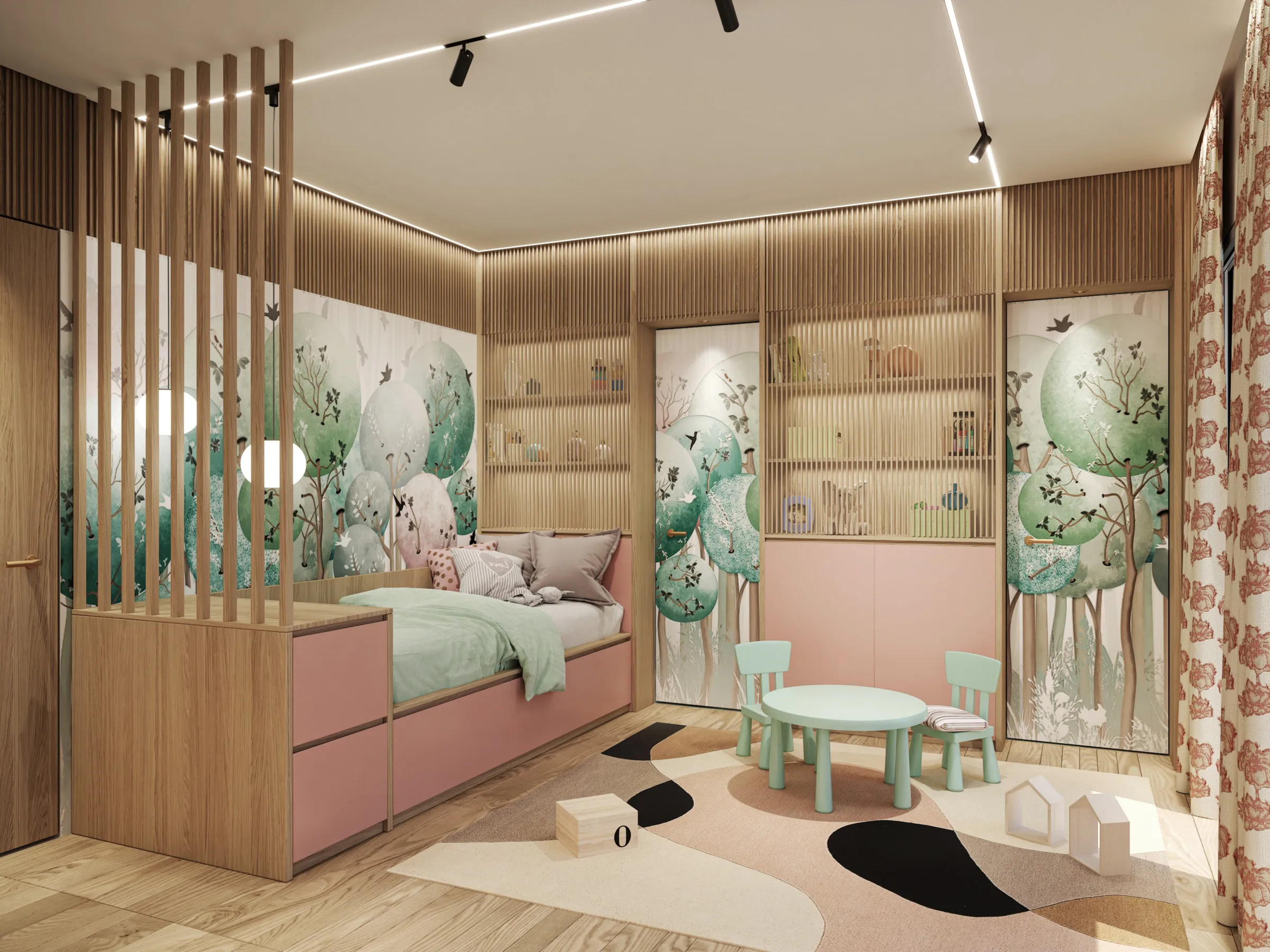 Daughter's bedroom in muted tones with embroidered fabrics and warm textures