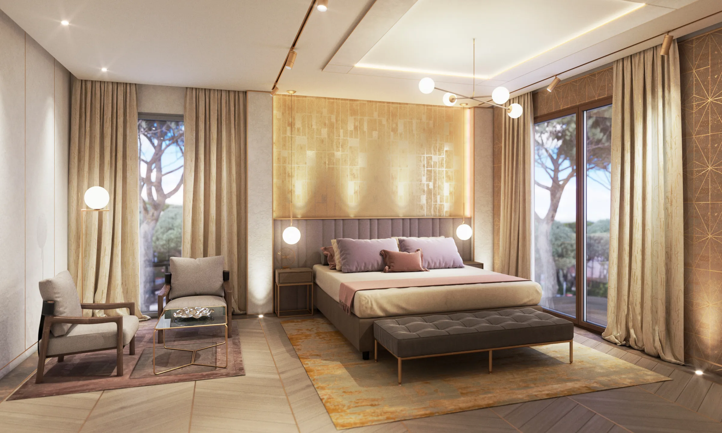 Master suite in deep, muted tones with rich fabrics and carpets for a sense of seclusion