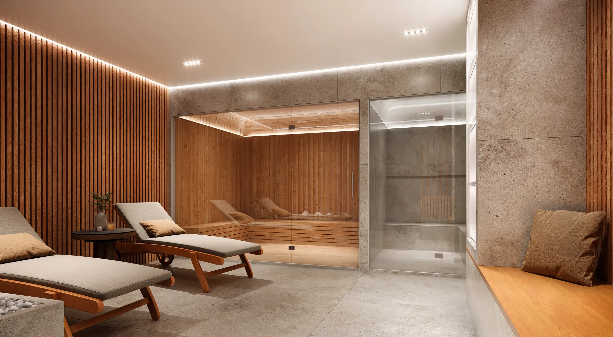 Home spa with stone surfaces and atmospheric lighting