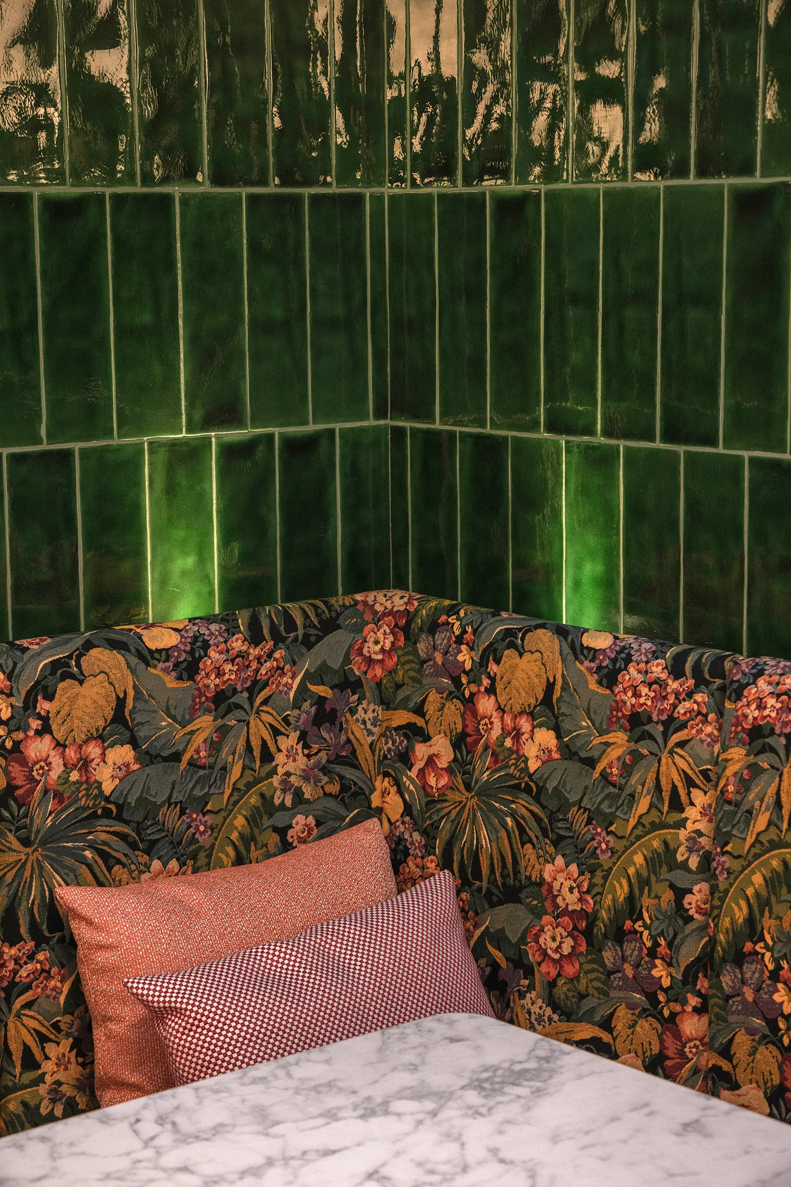 Upholstery with floral pattern echoing the terrace